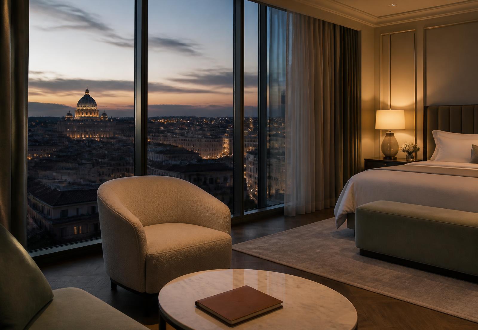 European city view from a hotel suite at dusk